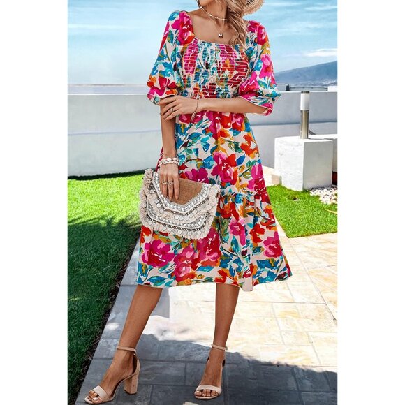 Women's Floral Summer Dress Polyester Puff Sleeve Square Neck Casual Midi - Picture 6 of 6